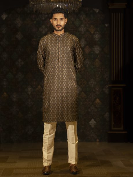 Olive Color Printed Casual Wear Cotton Panjabi For Eid