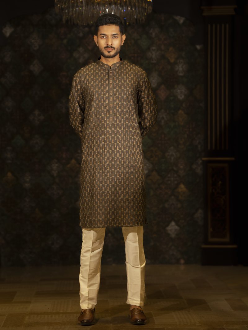 Olive Color Printed Casual Wear Cotton Panjabi For Eid