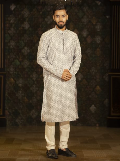 Gray Color Printed Cotton Panjabi For Eid