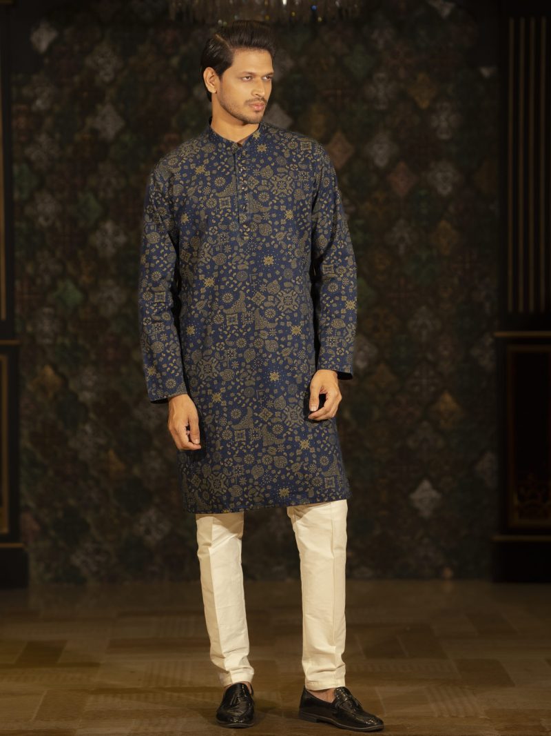 Blue Printed Cotton Panjabi