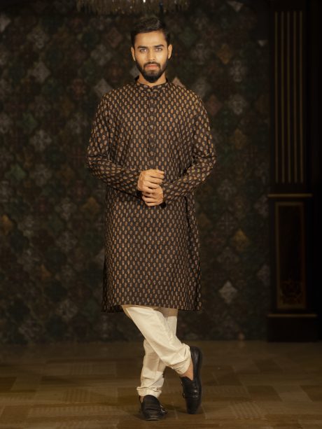 Black Printed Casual Wear Cotton Panjabi For Eid