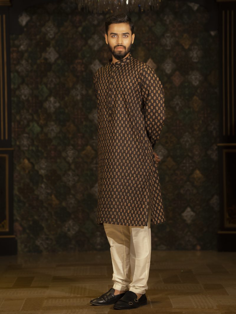 Black Printed Casual Wear Cotton Panjabi For Eid