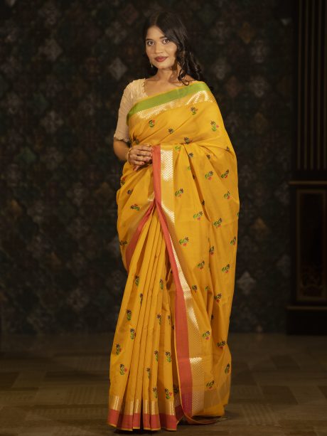 Casual Wear Half Silk Saree Designed In Yellow, Magenta, Black & Pink Color
