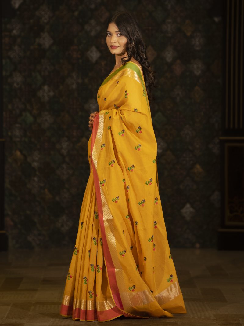 Casual Wear Half Silk Saree Designed In Yellow, Magenta, Black & Pink Color