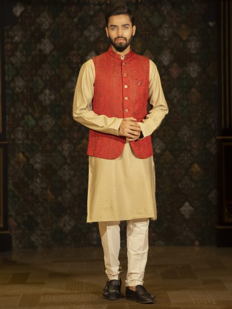 Red Color Cotton Waist Coat, Perfect Match For Your Party And Eid Wear