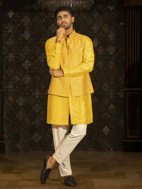 Mustered Yellow Tasar Silk Festive Wear Koti set