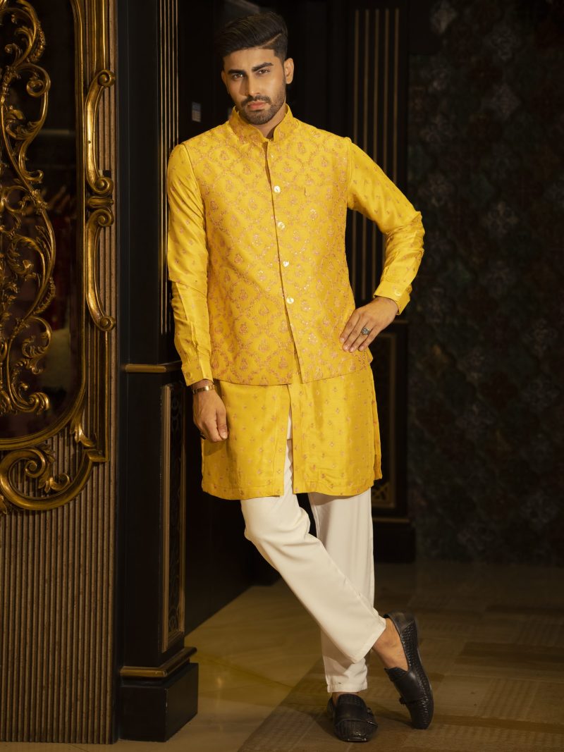 Mustered Yellow Tasar Silk Festive Wear Koti set - Image 2