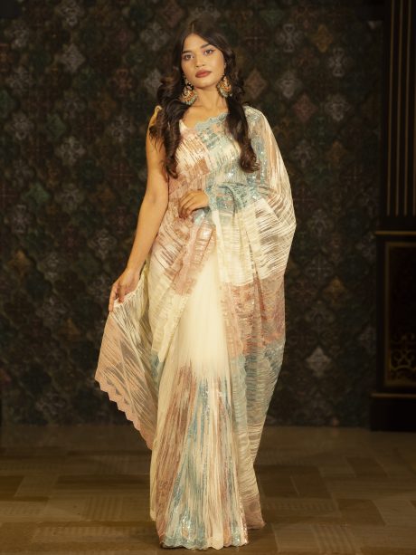 Splendid Off White Party Wear Net Saree Crafted With Sequence Work