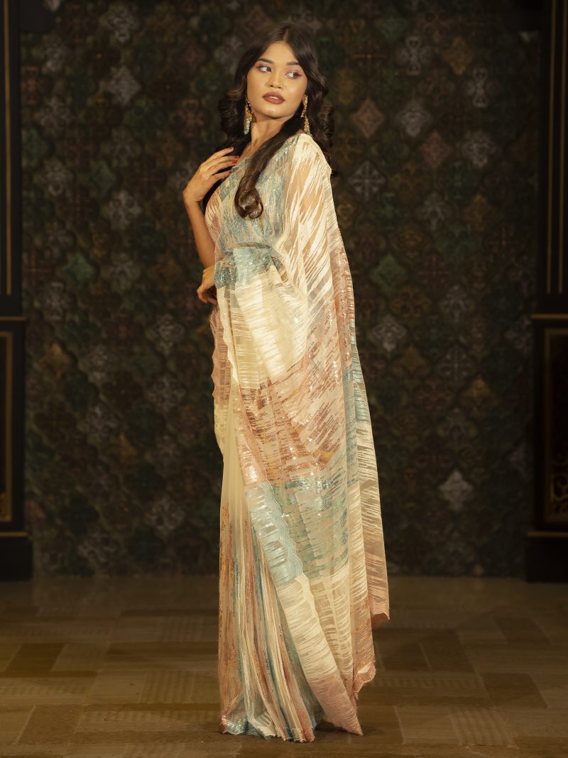 Splendid Off White Party Wear Net Saree Crafted With Sequence Work