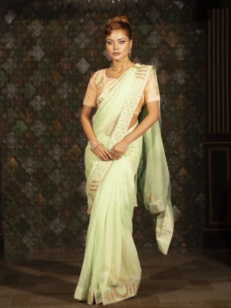 Peach Pest Colored Kardana Worked Georgette Saree