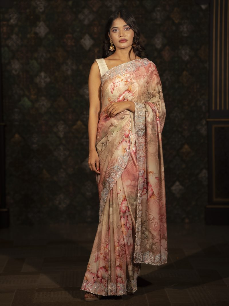 Party Wear Golden Pink Silk Saree