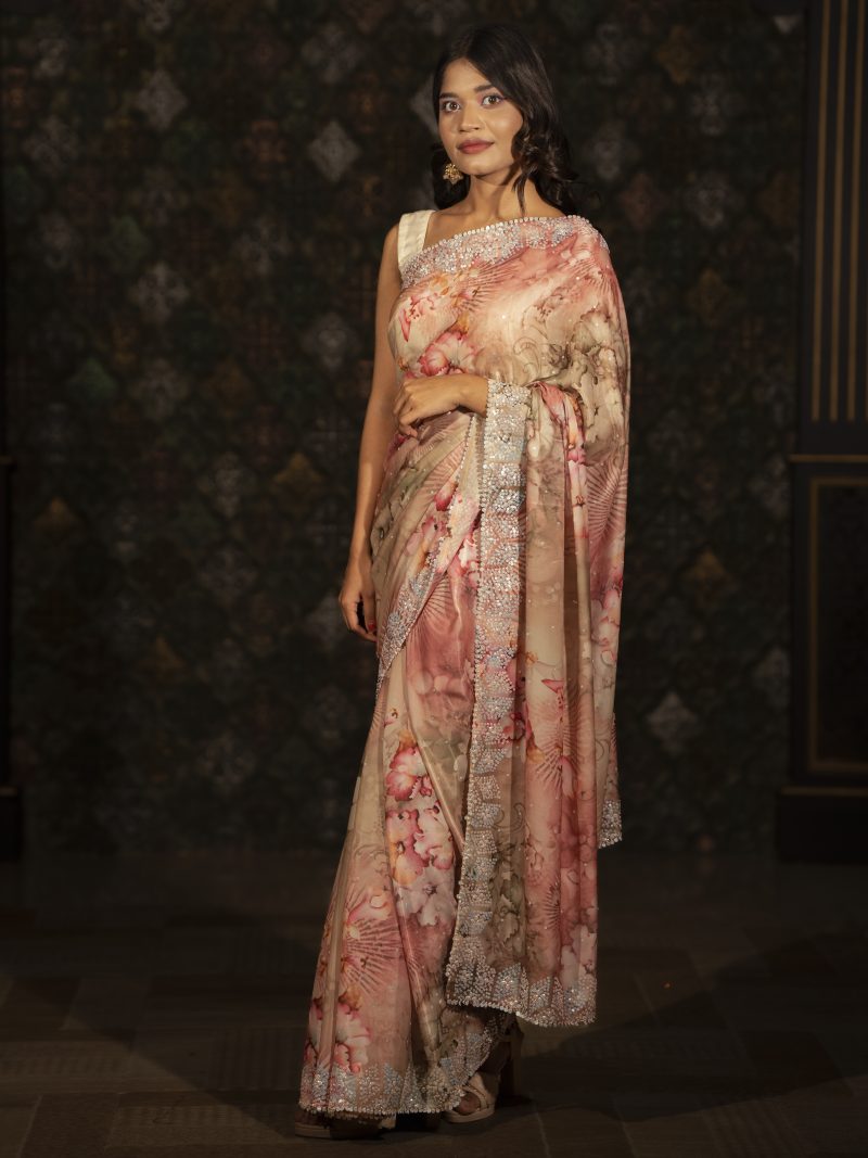 Party Wear Golden Pink Silk Saree