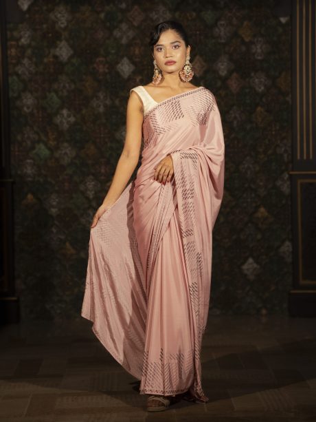 Pink Swarovski Stone Worked Silk Saree