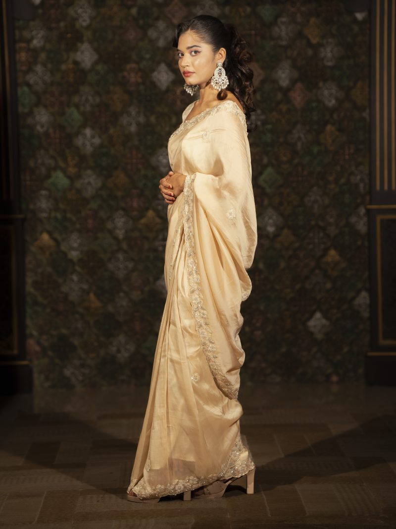 Party Wear Kerchupi Work Crape Silk Saree Designed in Gorgeous Golden Color