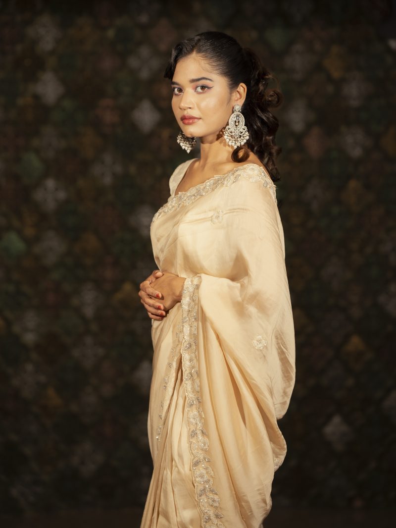 Party Wear Kerchupi Work Crape Silk Saree Designed in Gorgeous Golden Color - Image 2