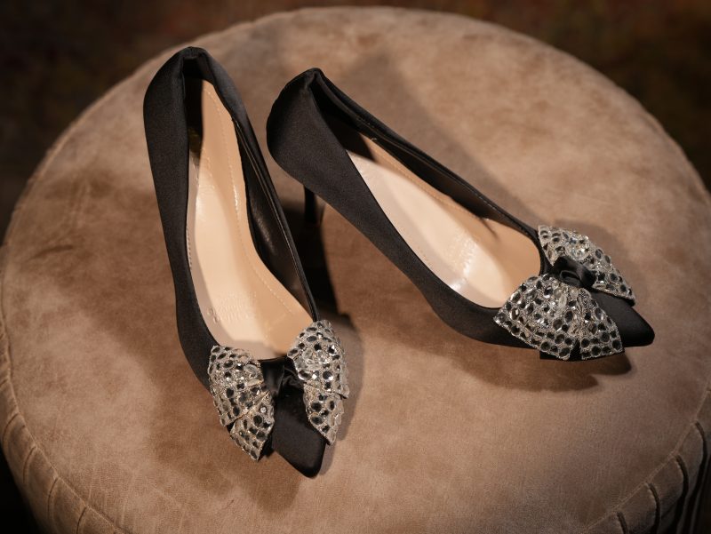 Black ladies shoes with Transparent stone work