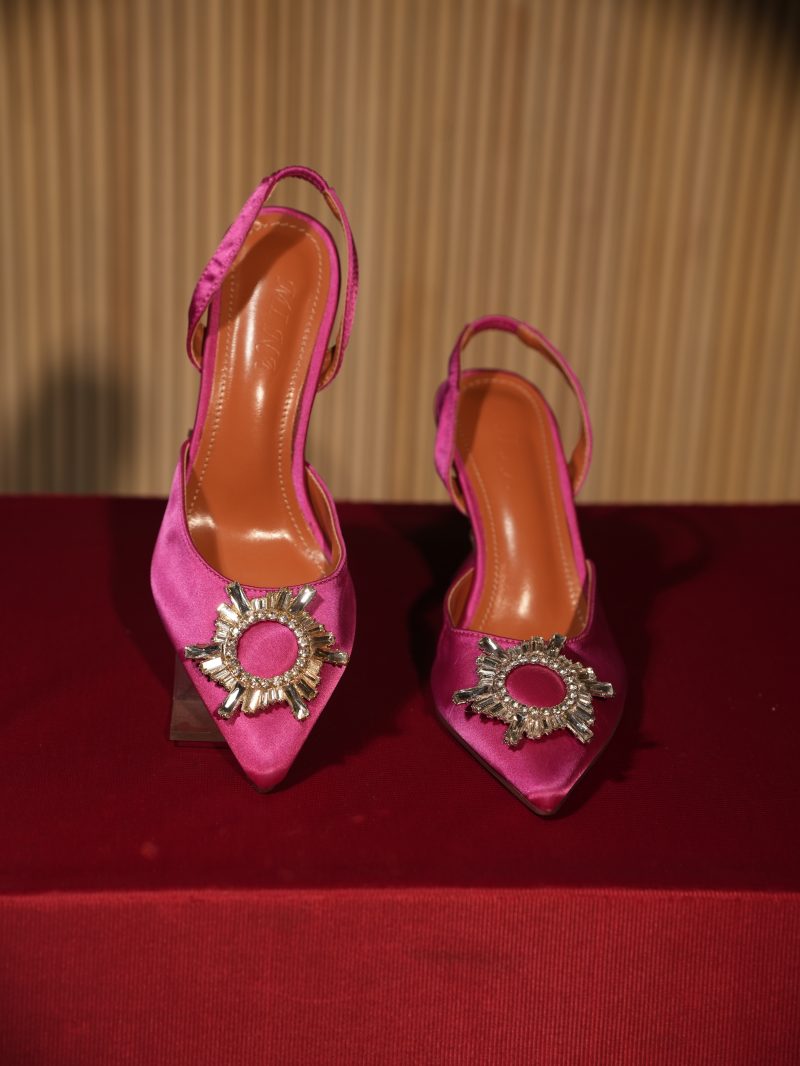 White Crystal Stone Crafted Magenta Color Ladies Shoes