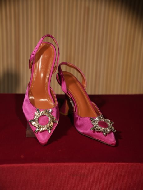 White Crystal Stone Crafted Magenta Color Ladies Shoes