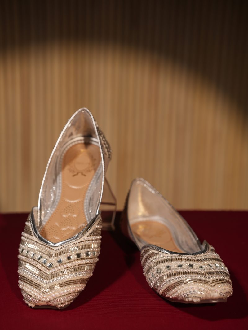Plum Texture Crafted Party Wear Silver Color Ladies Shoes