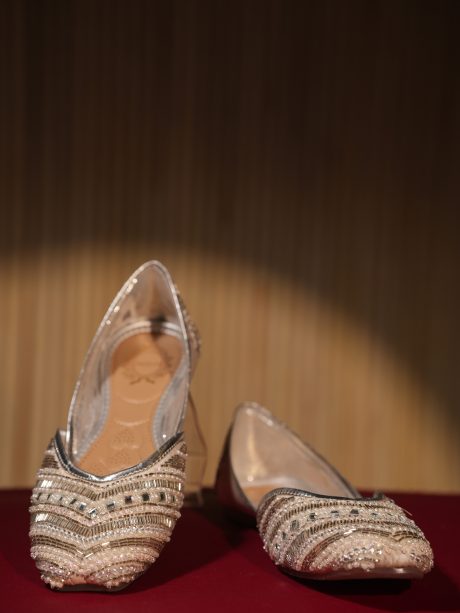 Plum Texture Crafted Party Wear Silver Color Ladies Shoes