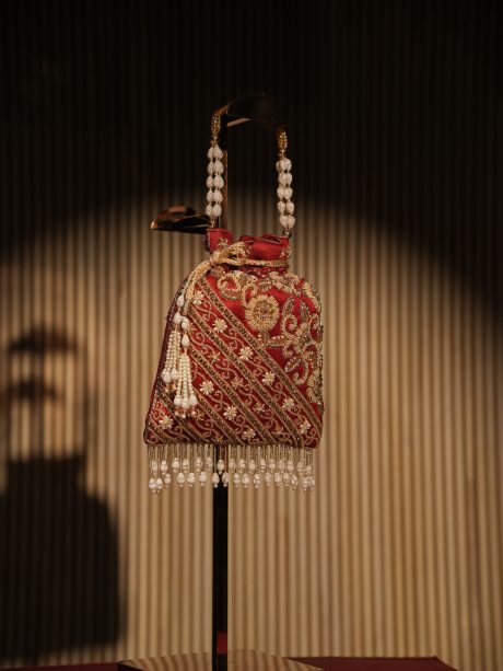 Vibrant Maroon Color Crafted With Pearl, Zardozi & Sequence Work Ladies Purse