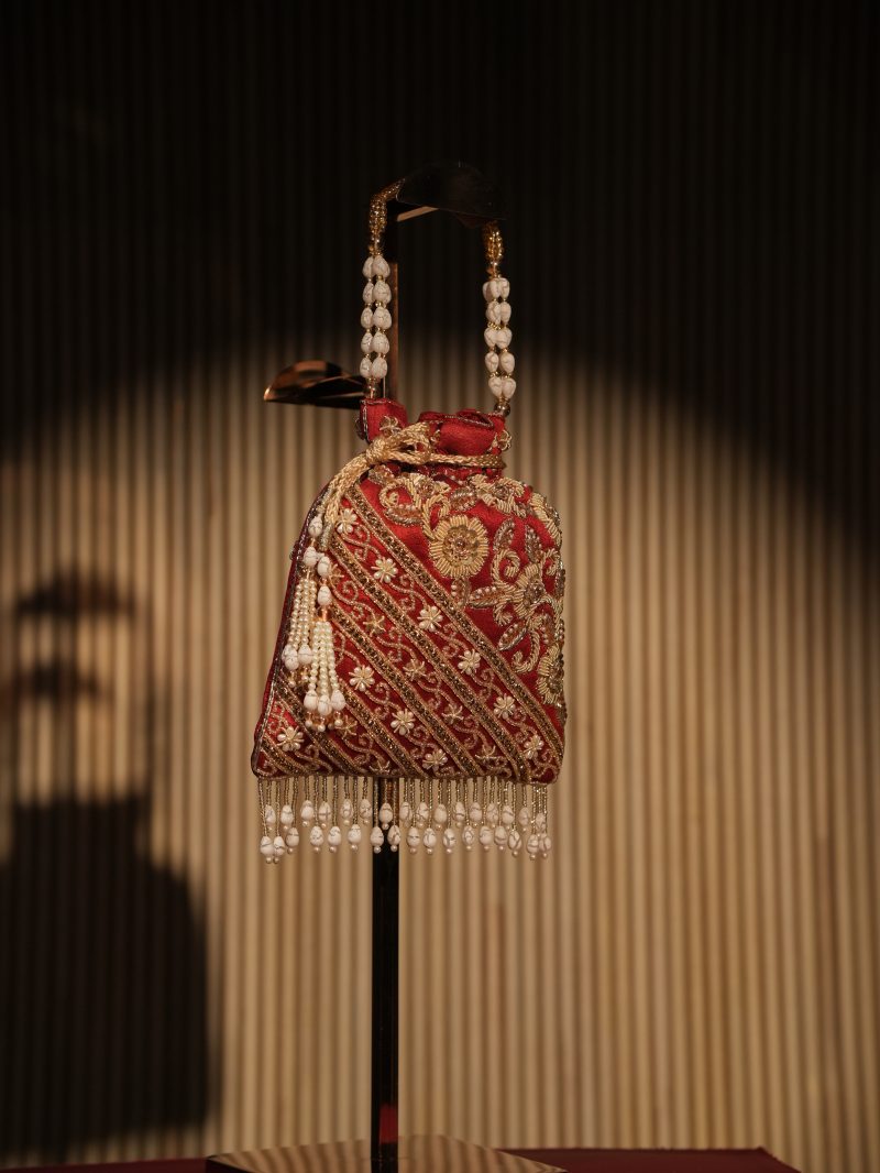 Vibrant Maroon Color Crafted With Pearl, Zardozi & Sequence Work Ladies Purse