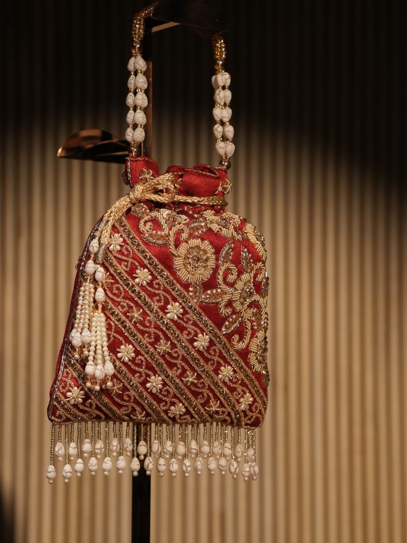 Vibrant Maroon Color Crafted With Pearl, Zardozi & Sequence Work Ladies Purse