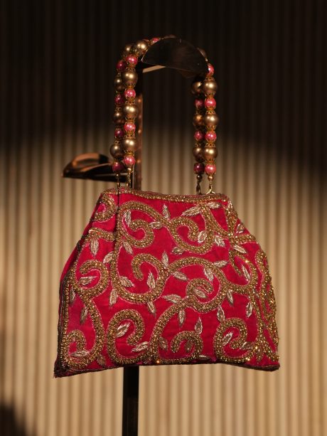 Bits,Golden Stone & Zardozi Work Magenta Color Ladies Purse