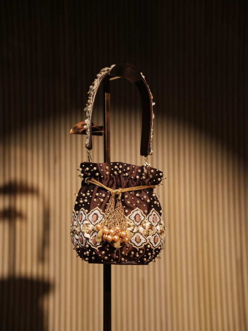 Vibrant Coffee Color Pearl, Bits & Zardozi Work Ladies Purse