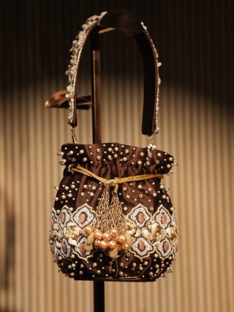 Vibrant Coffee Color Pearl, Bits & Zardozi Work Ladies Purse