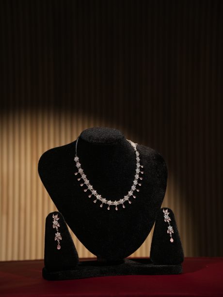 Diamond Cut and Rose Quartz Stone Work Necklace Set