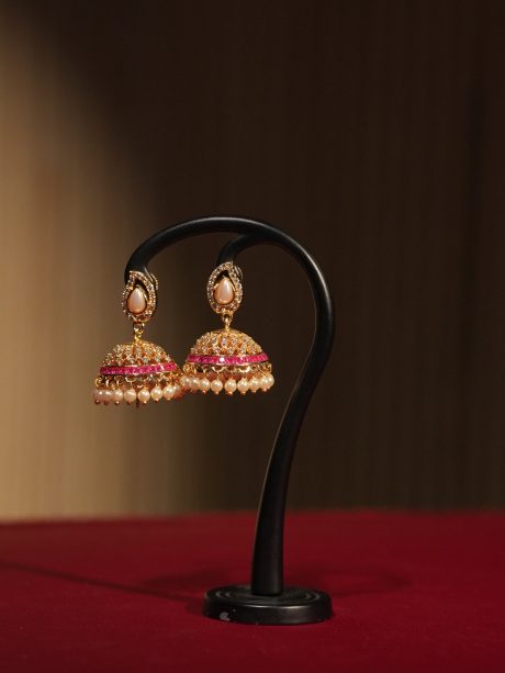 Party Wear Diamond Cut Stone & Pearl Work Ear Jhumka