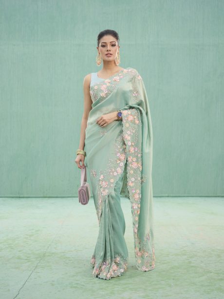 Sky Blue Color Crush Tissue Saree
