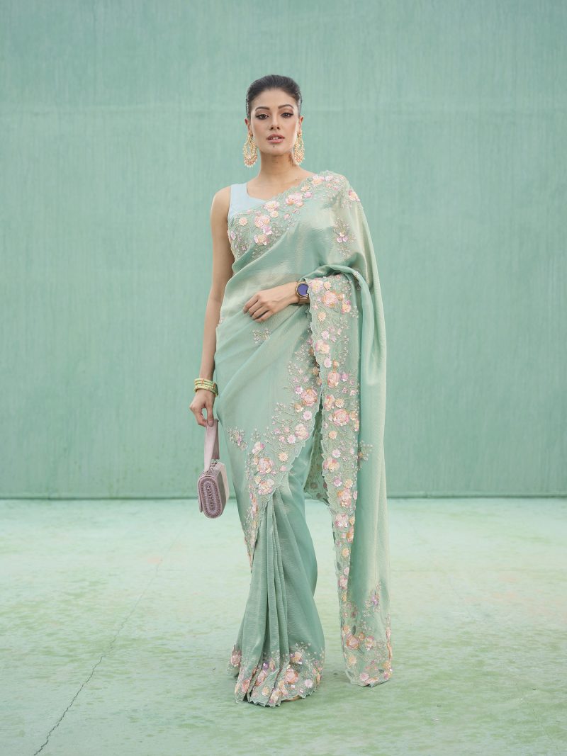 Sky Blue Color Crush Tissue Saree