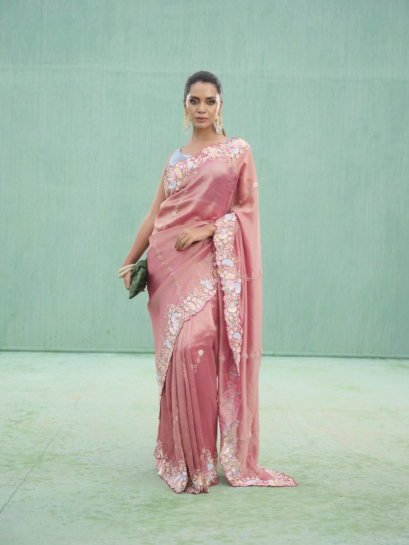 Party Wear Peach Pink Color Crush Tissue Saree