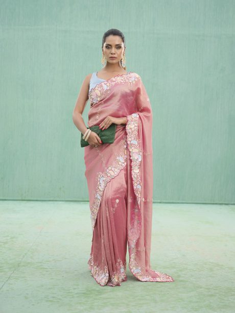 Party Wear Peach Pink Color Crush Tissue Saree