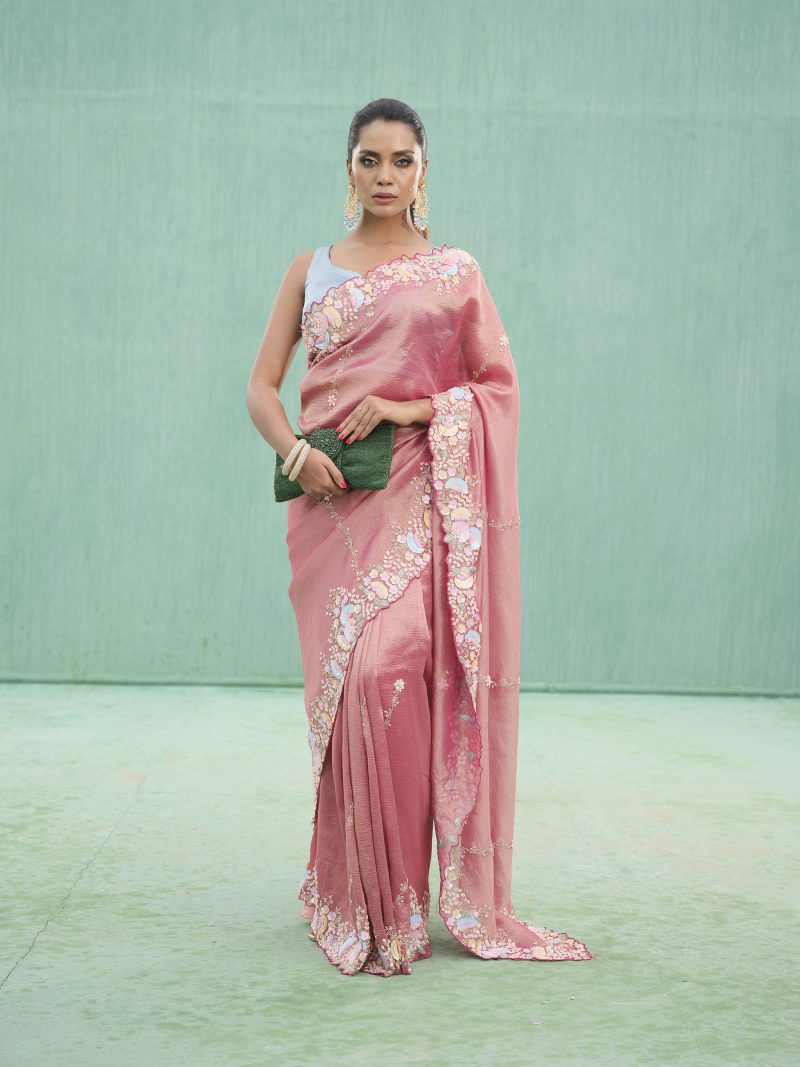 Party Wear Peach Pink Color Crush Tissue Saree