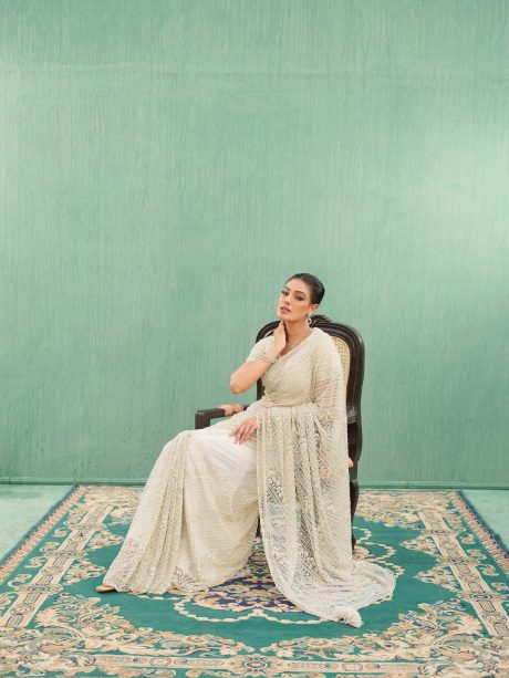Party Wear Off White Color Net Saree