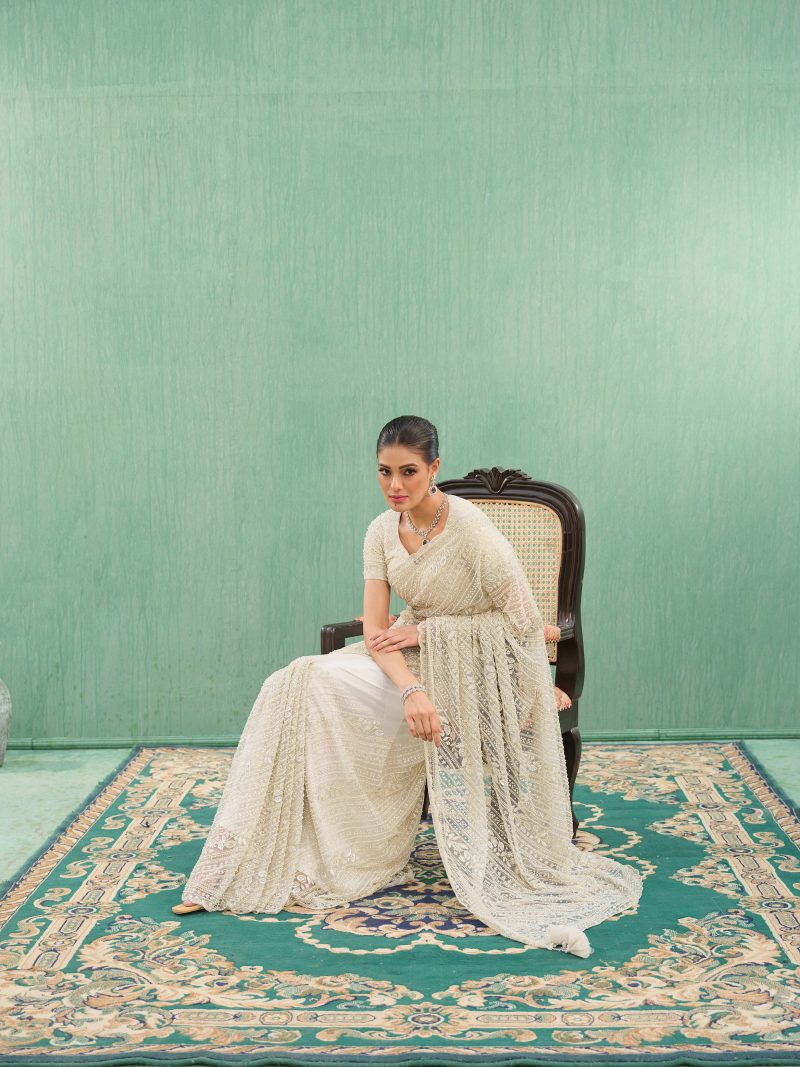 Party Wear Off White Color Net Saree