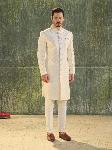 Glamorous Off White Color Silk Sherwani