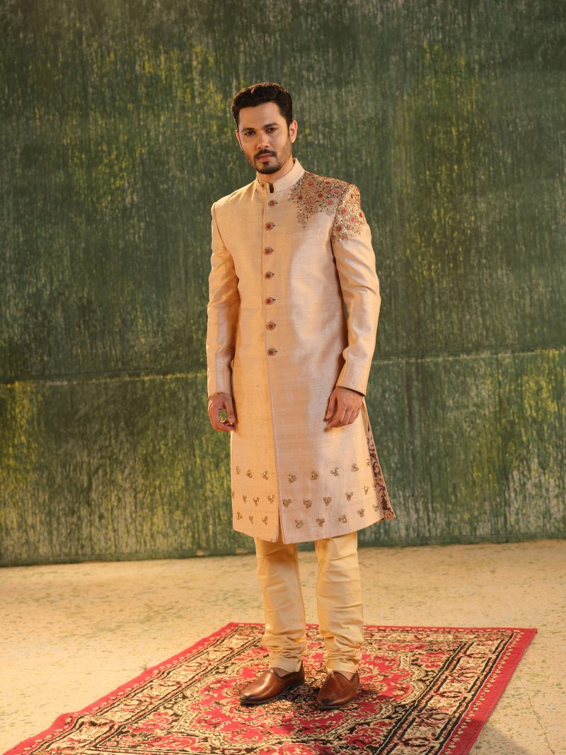 Glamorous Golden Color Silk Sherwani