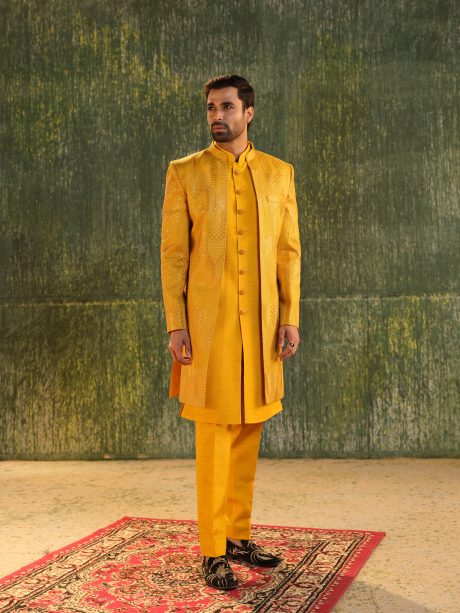 Glamorous Mustard Yellow Color Silk Sherwani
