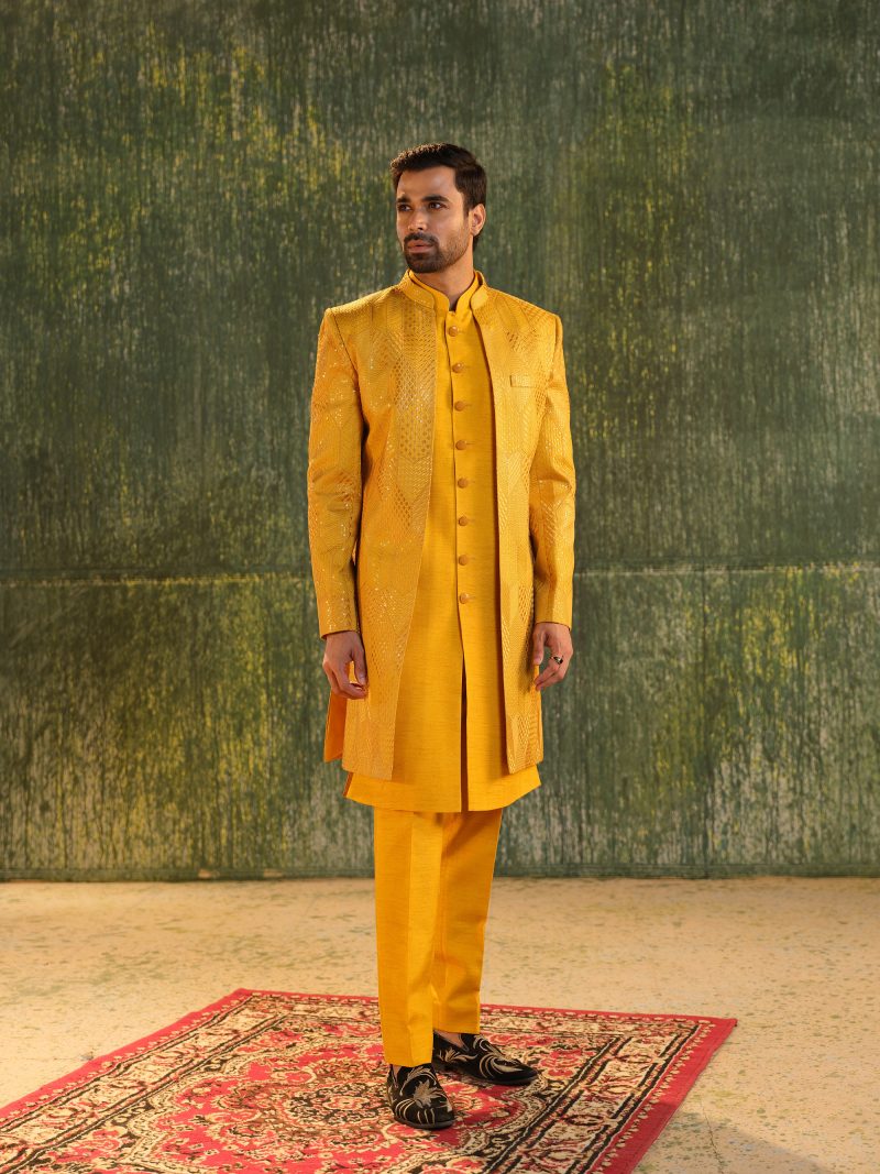 Glamorous Mustard Yellow Color Silk Sherwani