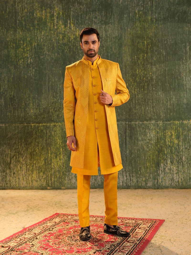 Glamorous Mustard Yellow Color Silk Sherwani