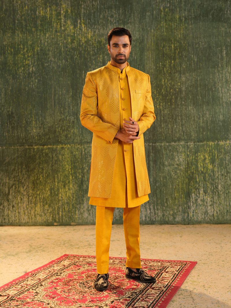 Glamorous Mustard Yellow Color Silk Sherwani
