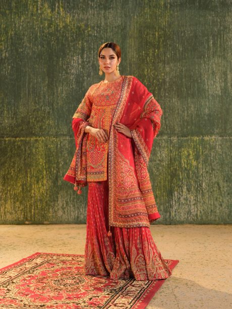Maroon Colored Jori Suta Work Bridal Gharara On Chiffon Fabrics