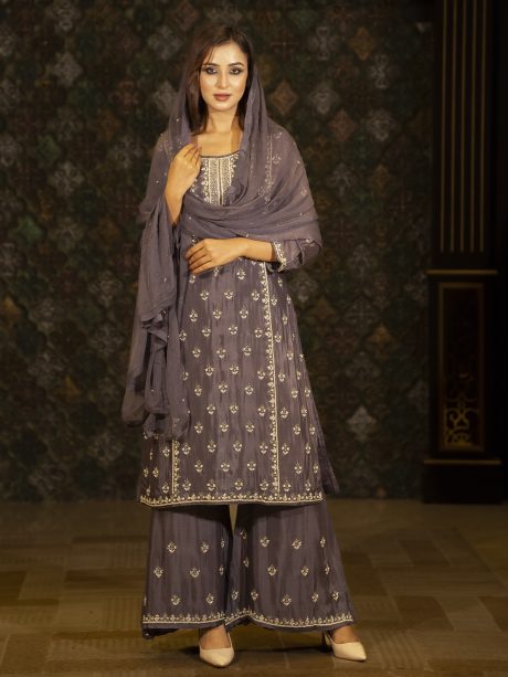 Glamorous Looking Deep Purple Color Silk Party Wear Gharara