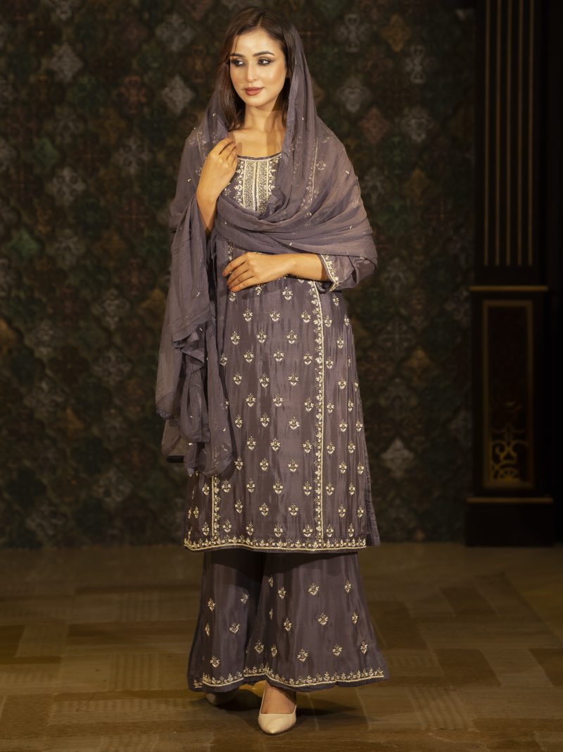 Glamorous Looking Deep Purple Color Silk Party Wear Gharara