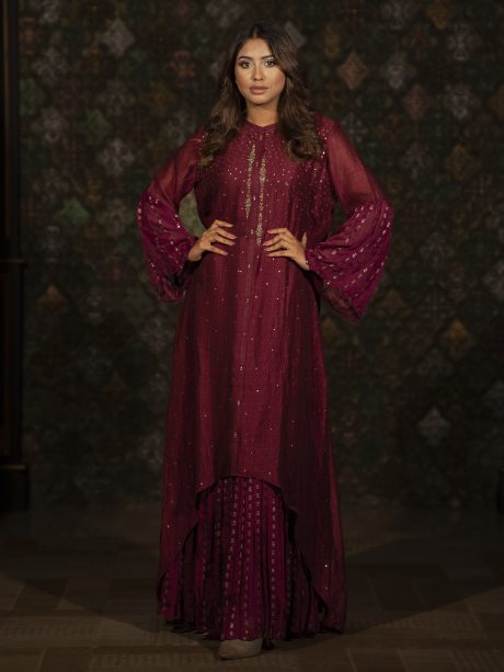 Fantastic Looking Red Wine Color Raw Silk Party Wear Gown