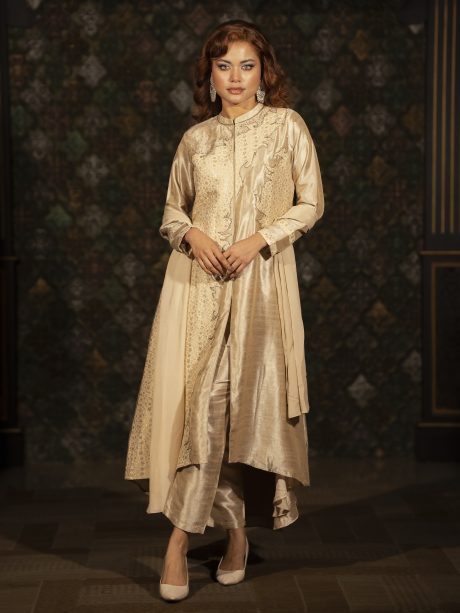 Fantastic Looking Light Golden Color Raw Silk Party Wear Gown
